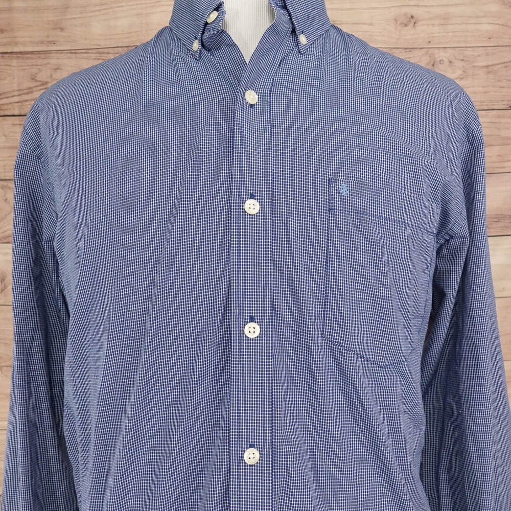 IZOD Button Down Shirt Mens L Blue Check Excellent Premium Essentials LS